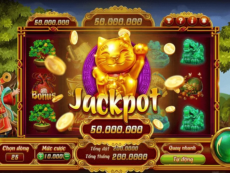 Hình ảnh các trò chơi máy đánh bạc (slots) đầy màu sắc với biểu tượng jackpot